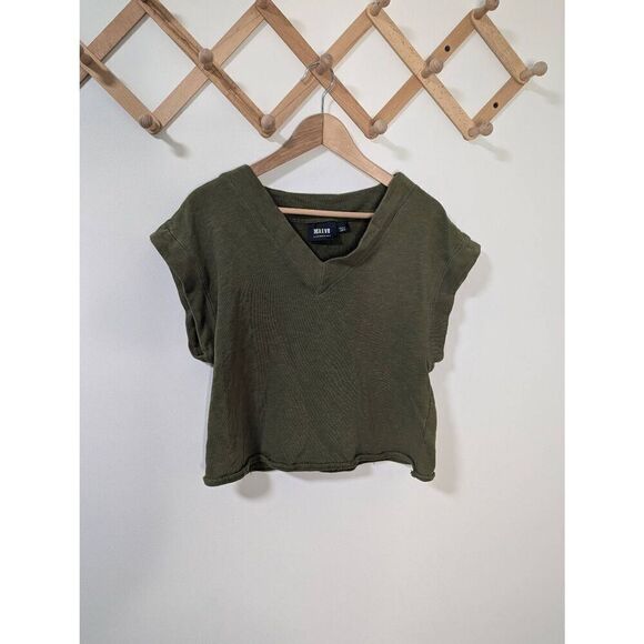 Maeve Anthropologie Olive Green Cropped Short Sleeved Sweater Vest Top - Size S - Picture 1 of 5